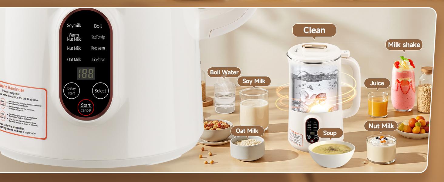 10 in 1 Almond Milk Maker & Nut Milk Maker Machine, 35oz Automatic Soy, Oat, Coconut Milk, Juice & Porridge Maker with 8 Blades, Delay Start, Keep Warm, Boil Water, Self-Cleaning, Cream