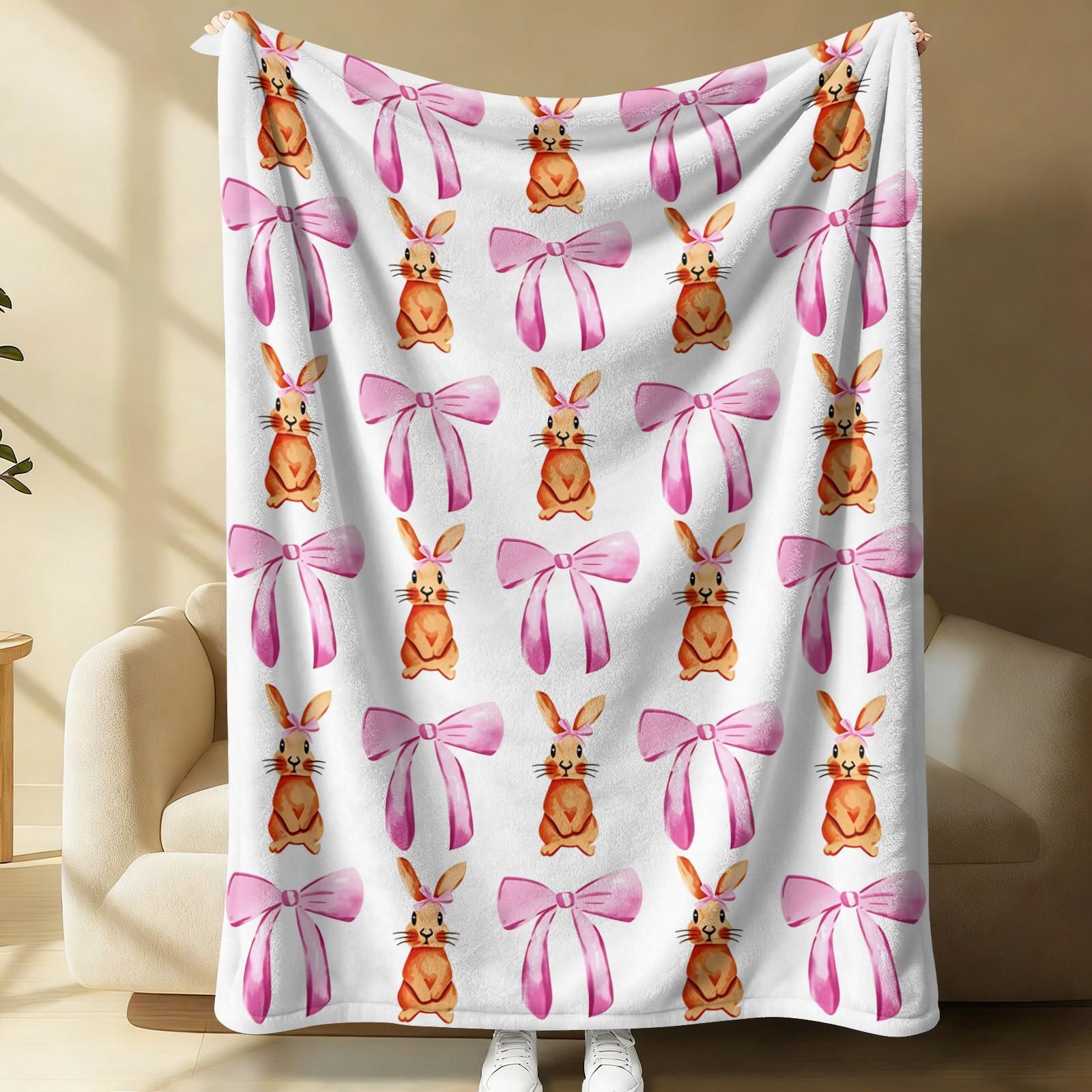 Cute Bunny & Cucumber Print Flannel Throw Blanket, Soft Warm Fleece Blanket with Pink Bow, Cozy Plush Gift Blanket for Couch Bed Sofa, Lightweight Decorative Blanket for All Seasons, Perfect Gift for Friends & Family
