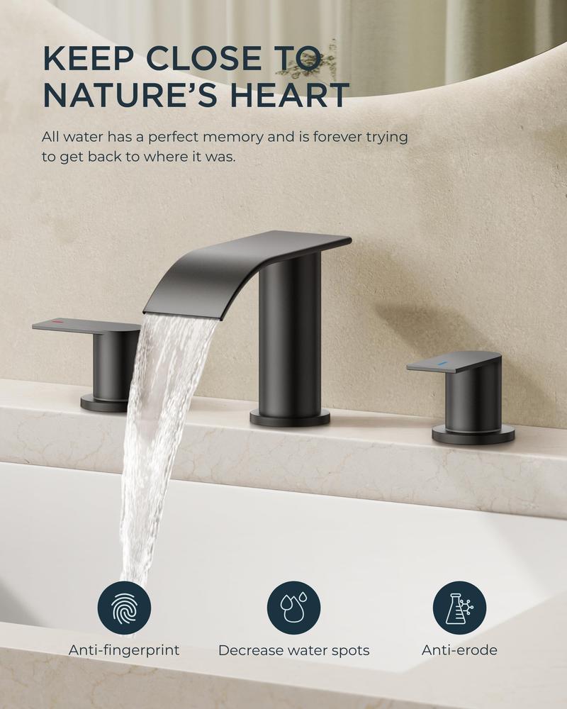 FORIOUS Waterfall Bathroom Faucet with Metal Pop up Drain Stopper 2 Handle 3 Hole Widespread Bathroom Sink Faucet Water Tap with Supply Pipes