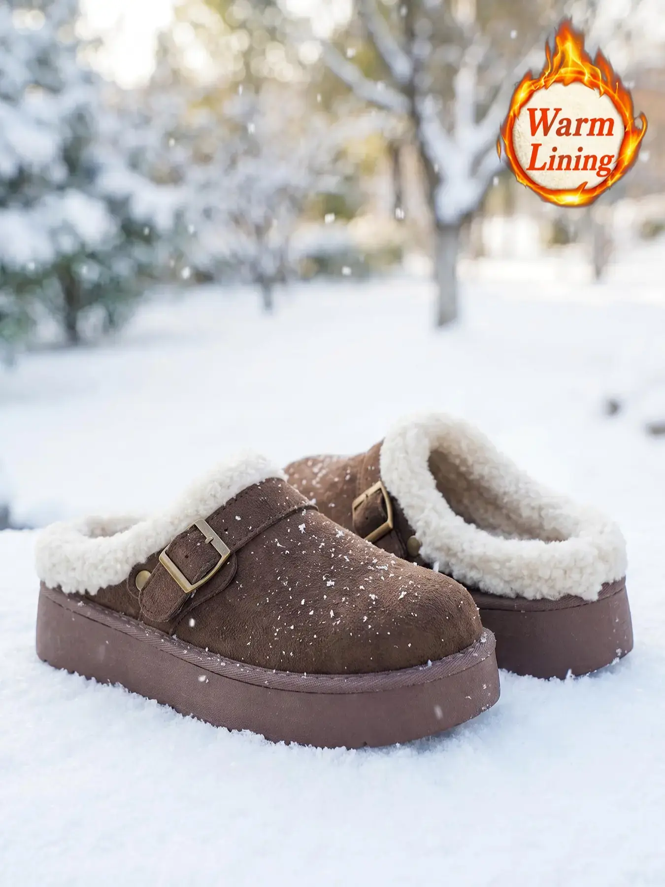 Women Sherpa Lined Platform Mule Clogs, 4 Colors Suede Closed Toe Backless Slip On Shoes, Adjustable Metal Buckle Warm Fuzzy Winter Casual Daily Footwear, Casual Mules