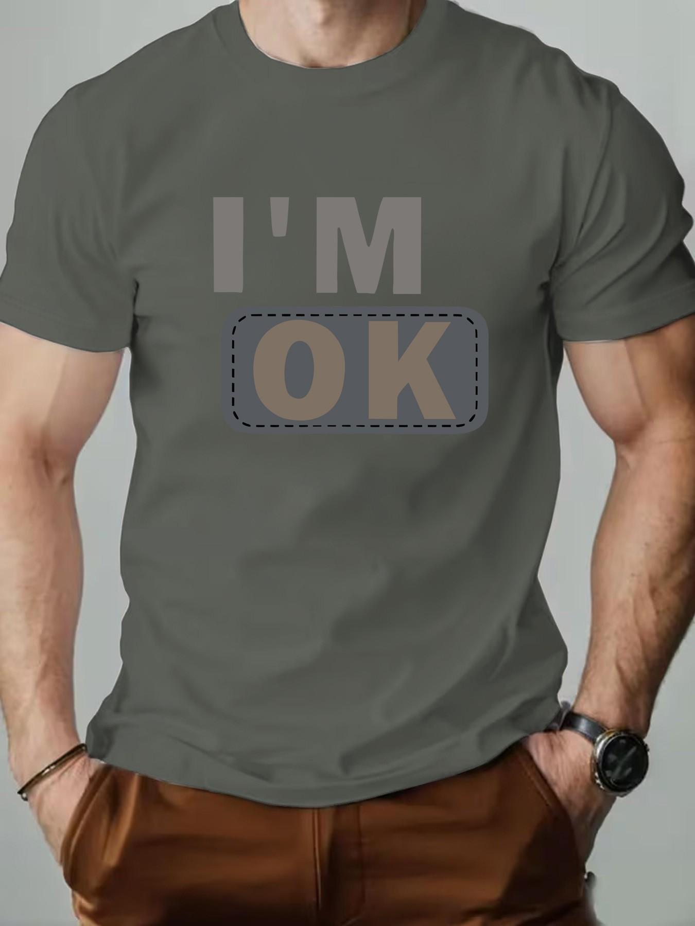 Men's Round Neck T-Shirt, Fashion I'm Ok Patch Design, Geometric Print, Retro Style, Long Sleeve, Casual Wear, Perfect Gift