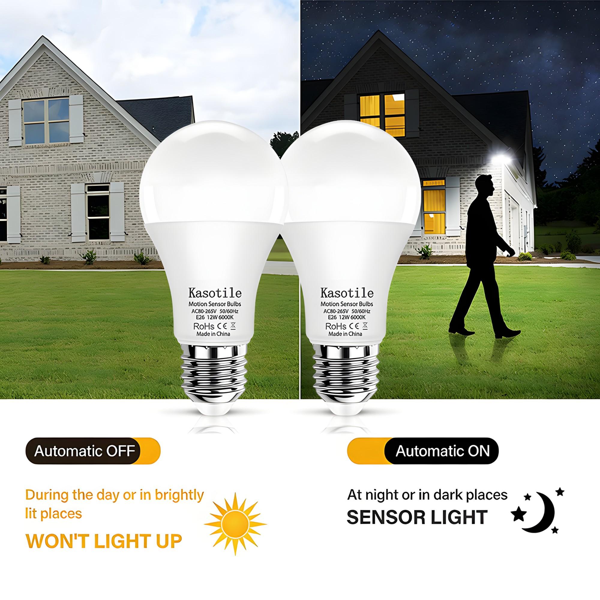 2/4Pack Kasotile Motion Sensor Light Bulbs, 12W (100Watt Equivalent), Motion Activated Dusk to Dawn Security LED Bulb, 3000K WarmWhite/6000K Daylight, for Indoor and Outdoor Lighting, Porch, Stairs, Hallway