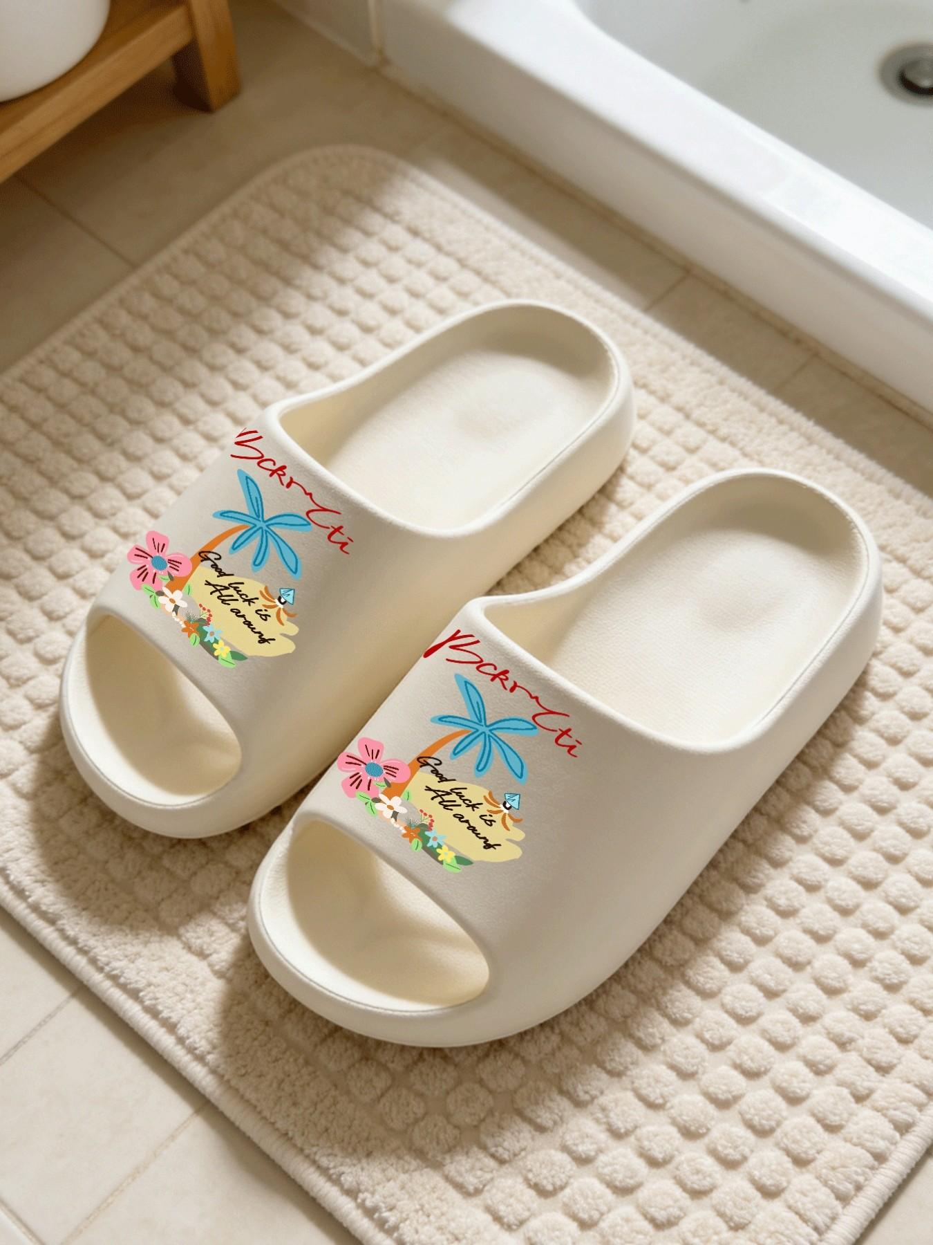 1 Pair Summer Vacation Palm Tree Printed Thick Sole Slippers, Vitality Fresh Style, Non-slip Soft Sole, Indoor & Outdoor Dual-use, Open Toe Slides, Casual Slippers