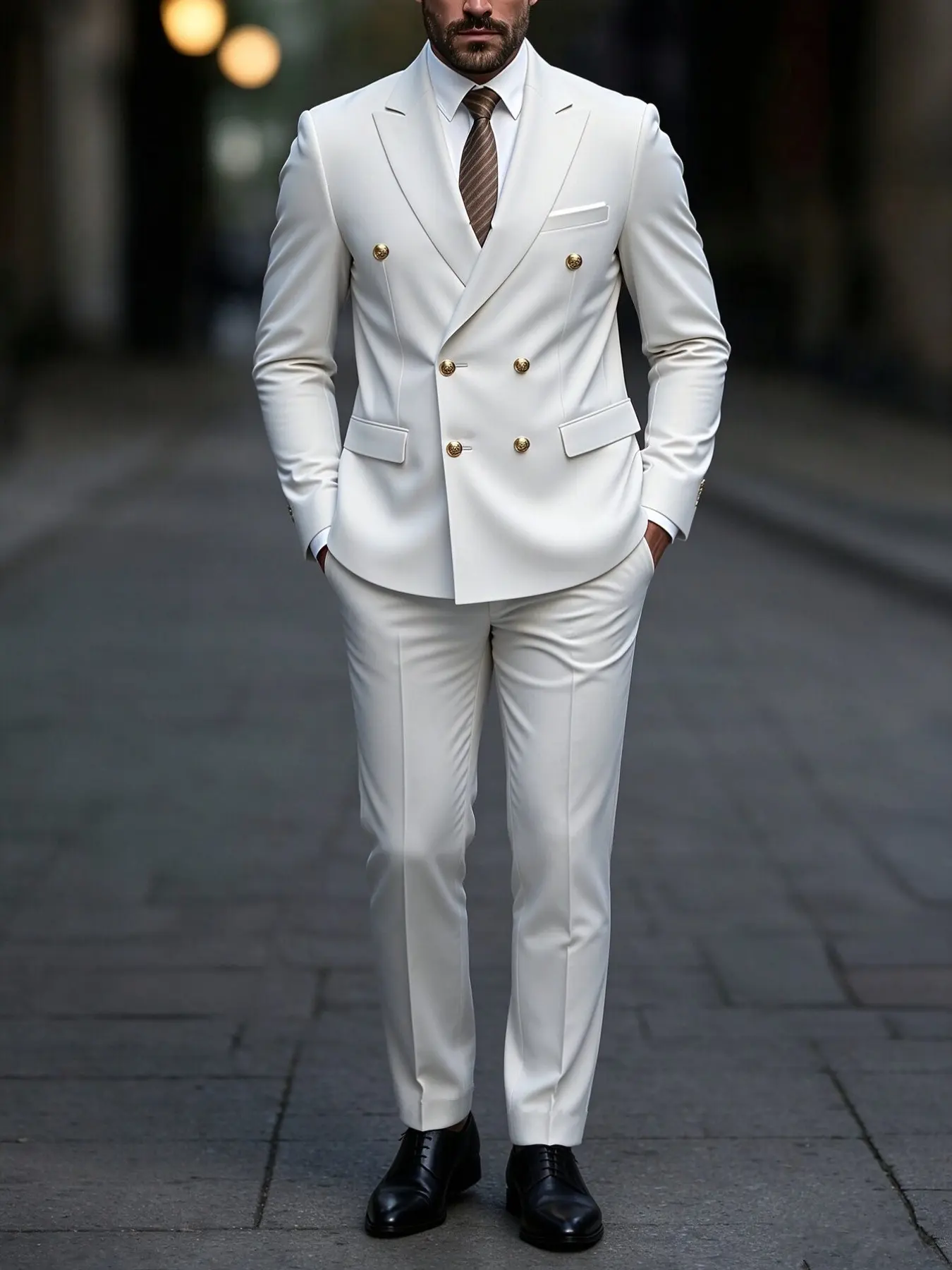【Black Friday】Men's Spring Six-Button Double-Breasted Two-Piece Suit Set, Solid-Color Slim-Fit Long-Sleeve Blazer and Matching Natural Waist Trousers, Business and Smart-Casual Wear