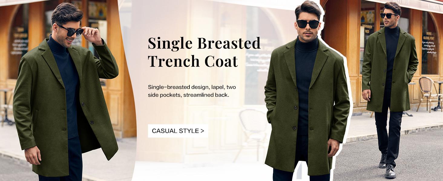 Runcati Men's Trench Coat Slim Fit Notched Collar Fall Winter Single Breasted Pea Coat Warm Soft Overcoat