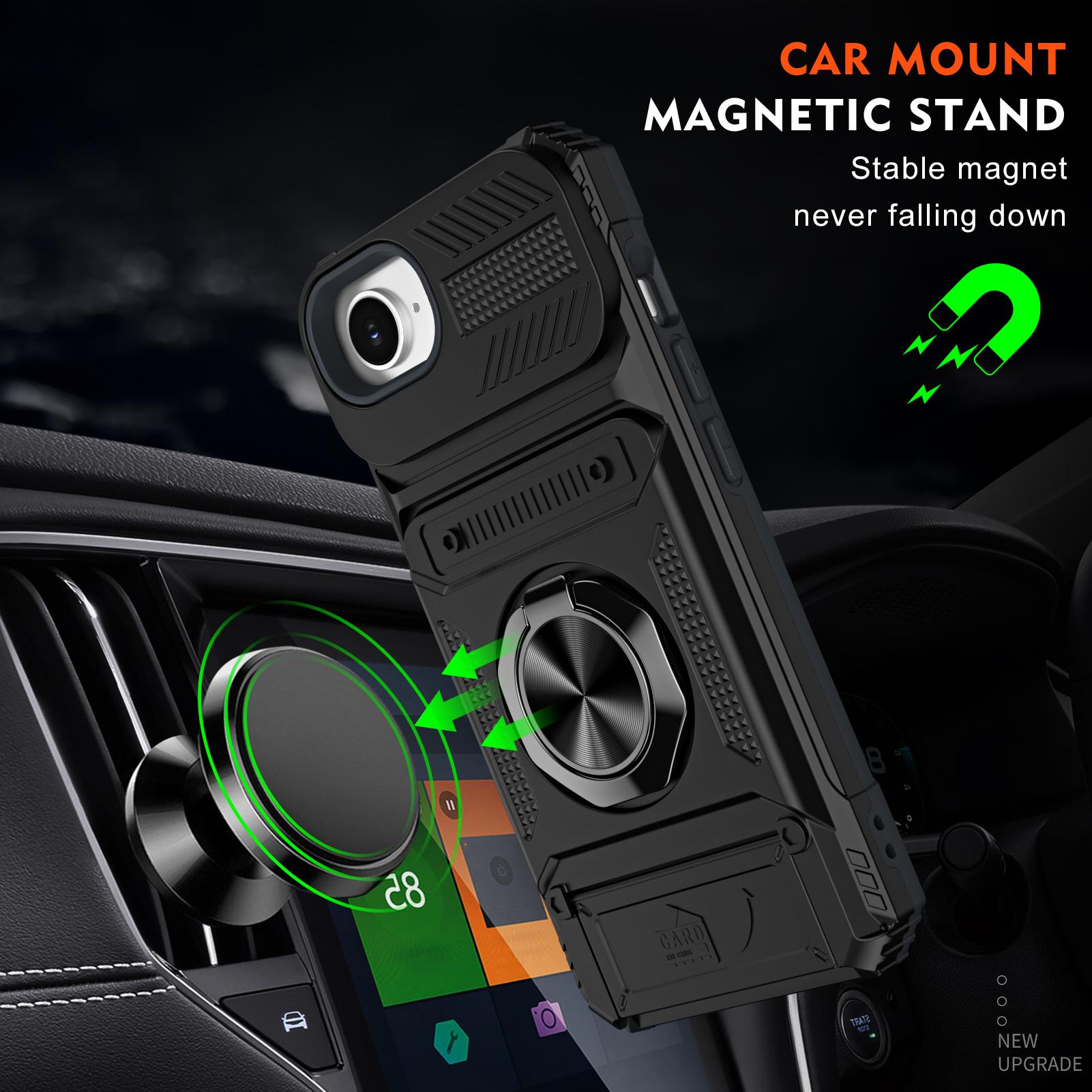 Rugged Smartphone Wallet Card Holder Case with Cash Slot, Handheld Device Accessories for iPhone 17/16/15/14/13/12 Pro Max Plus Air, Built-in Ring Kickstand, Heavy Duty Anti-Drop Dual Layer TPU-PC Shell, Devices
