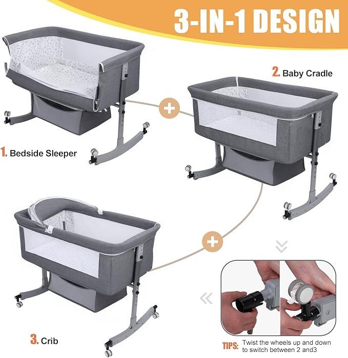 Bassinet Bedside Sleeper, Rocking Bassinets with Comfy Mattress and Wheels for Newborn, 5-Height Adjustable