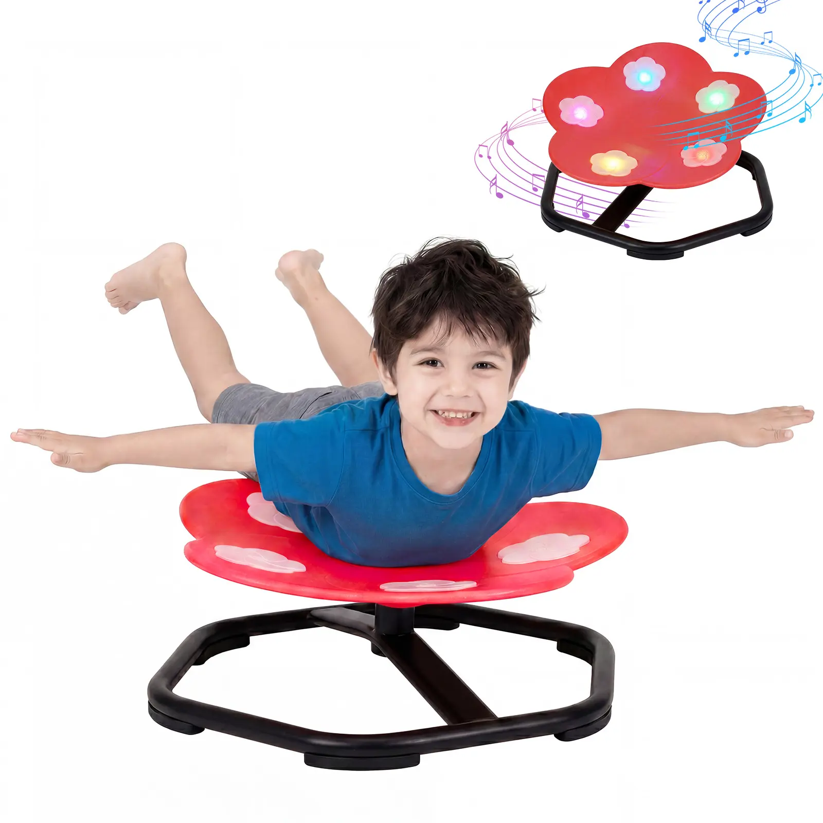 Flower Spinning Sensory Chair for Children with Autism & ADHD, 360° Swivel Seat with Lights & Music, 220 Lbs Capacity, Non-Slip Base for Balance & Coordination Training, Ages 3+, Red/Blue/Green/Yellow