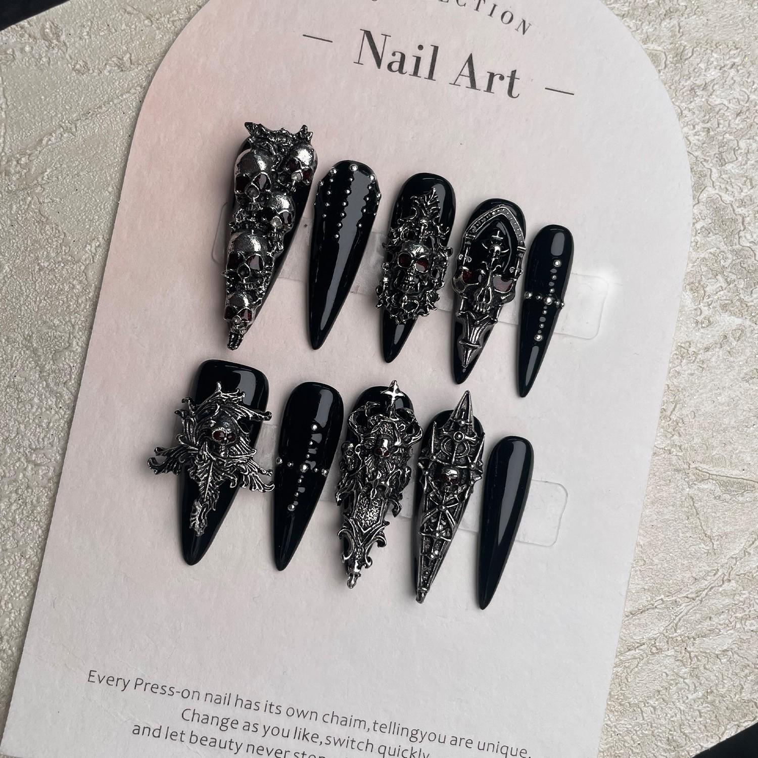10pcs Handmade 3D Silver Skull Press On Nails, Halloween Witch Armor Gothic Fake Nails, Sharp Long Stiletto Design, Removable, Includes Nail File, Acrylic Stick & Jelly Self Adhesive