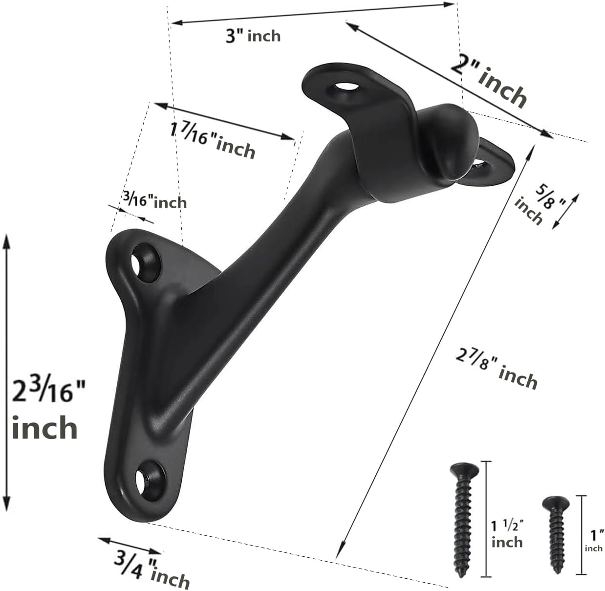6 Pack 3 Inch Matte Black Hand Rail Bracket Heavy Duty Hardware for Stairways, Home or Office Stair Support Handrail Brackets