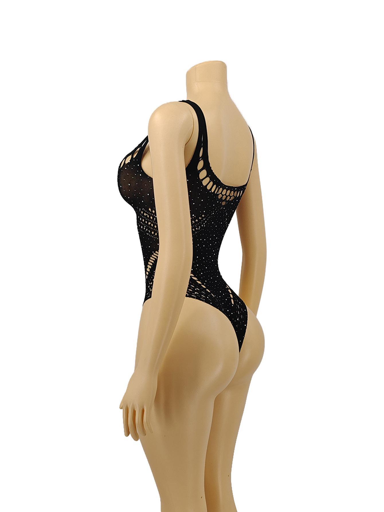 Jacquard Fishnet Bodysuit for Women, See-Through Lingerie with Spaghetti Straps and Hollow-Out Details, Tz1566-Black, Mesh Bodystocking, Fishnet Fabric Bodysuit, Sheer Mesh Bodysuit
