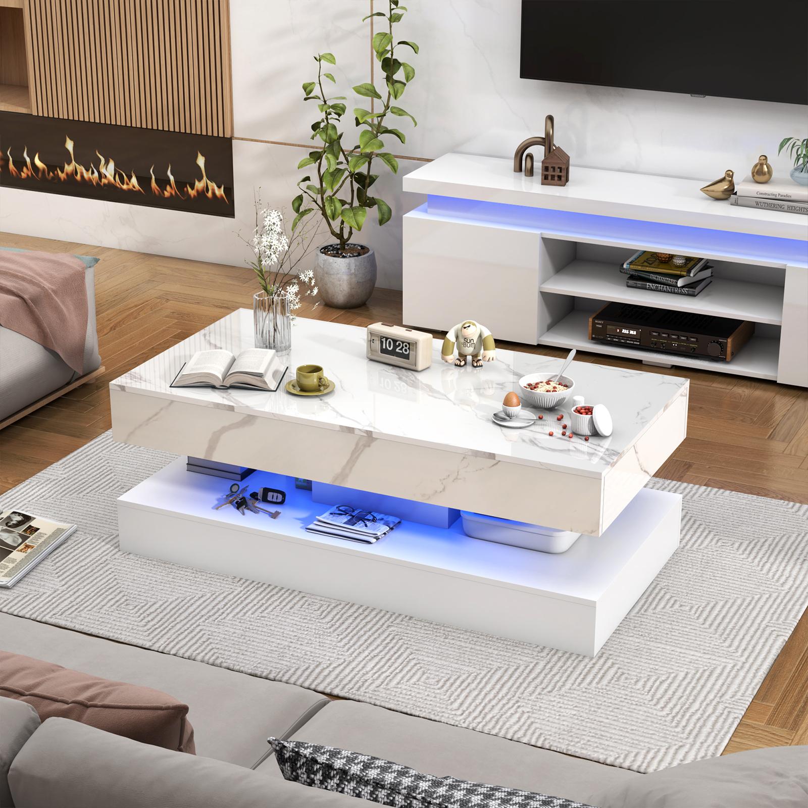 LED Coffee Table with 2 Storage Drawers, Modern High Gloss Black Coffee Table w/20 Colors LED Lights, 2 Tiers Rectangle Center Table for Living Room with Marbling Print, APP Control, Black/White