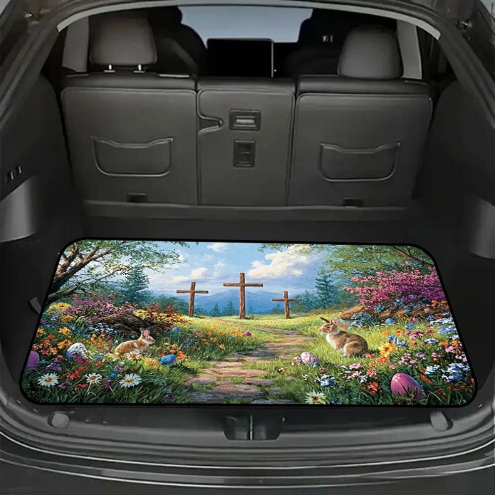 1pc Stylish Car Trunk Mat | Easter Scene with Wooden Crosses, Colorful Flowers, Rabbits, and Easter Eggs in a Mountainous Field - Durable Polyester, Keeps Trunk Dry & Clean, Adds to Vehicle Interior