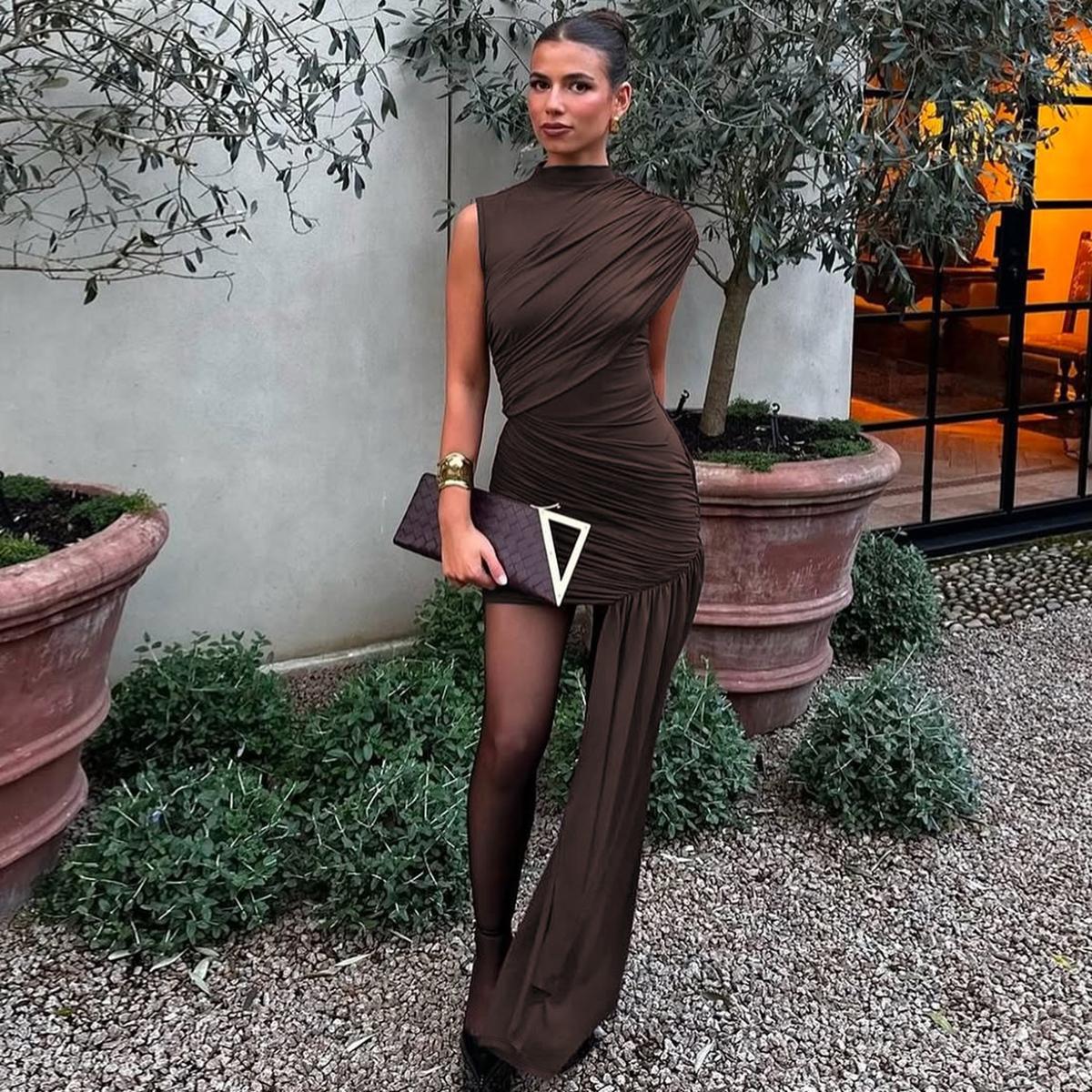 Women's Solid Color Ruched Asymmetrical Bodycon Dress, Elegant Mock-Neck Short Dress for Party Date Evening, Ladies Summer Clothes