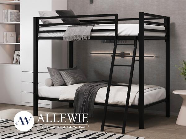 Allewie Twin Over Twin Metal Bunk Bed - 【Frame Only No Mattress】Angled Ladder & Heavy-Duty Guardrail for Kids/Adults, Space-Saving Noise-Free Design, Black/White,#TikTokShopBlackFriday #Christmas Gifts Allewie Twin Over Twin Metal Bunk Bed - 【Frame Only No Mattress】Angled Ladder & Heavy-Duty Guardrail for Kids/Adults, Space-Saving Noise-Free Design, Black/White,#TikTokShopBlackFriday #Christmas Gifts