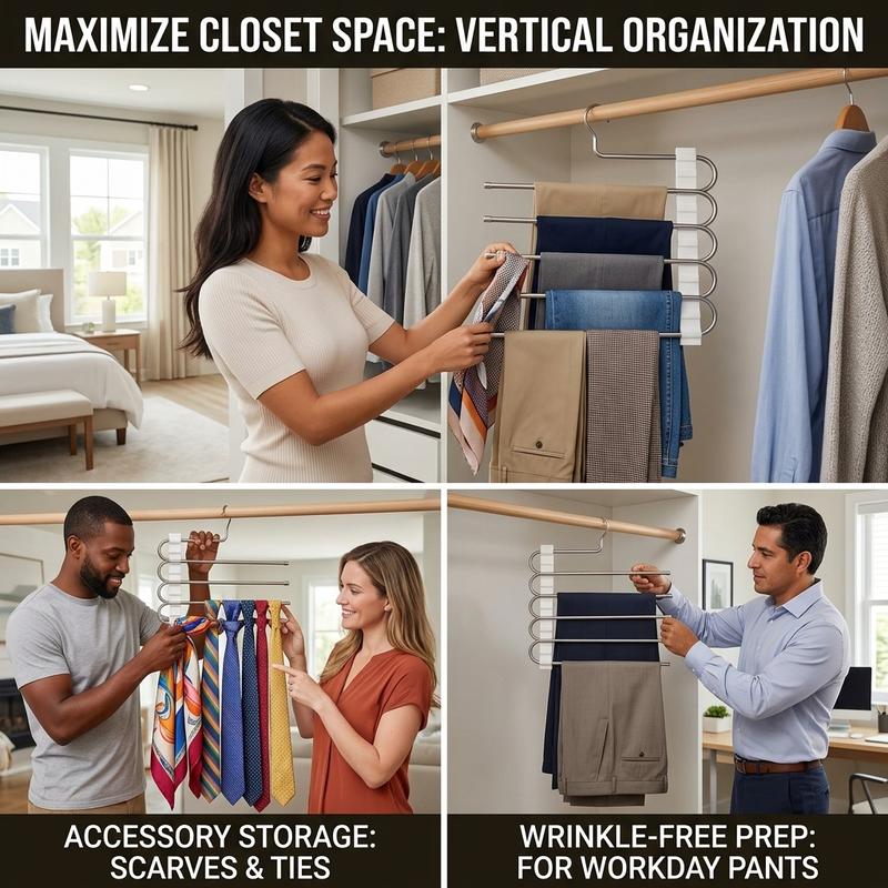 Five layer pants rack multifunctional clothes hanger magic storage rack anti slip stainless steel pants rack saves space wardrobe organizing rack