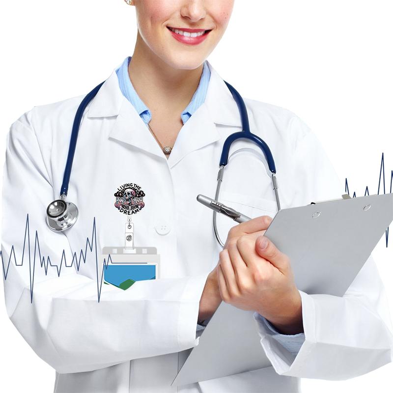 Live the Dream Badge Reel, Cute Skull Badge Clip Retractable with ID Holder, Nurse Work Accessories, Fun Rn Flashing Badge Roll with Belt Clip