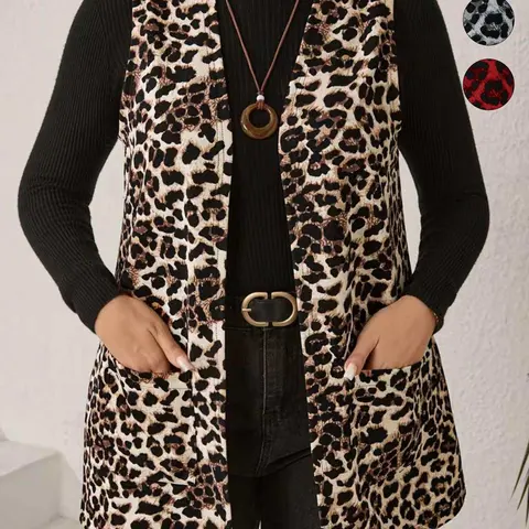 Plus Size Sleeveless Knitted Vest, Open-Front Loose Outerwear, Trendy Vintage Tops, Relaxed Fit, Stylish Leopard Print, Party Casual Wear