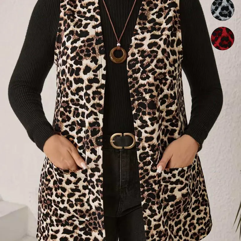 Plus Size Sleeveless Knitted Vest, Open-Front Loose Outerwear, Trendy Vintage Tops, Relaxed Fit, Stylish Leopard Print, Party Casual Wear