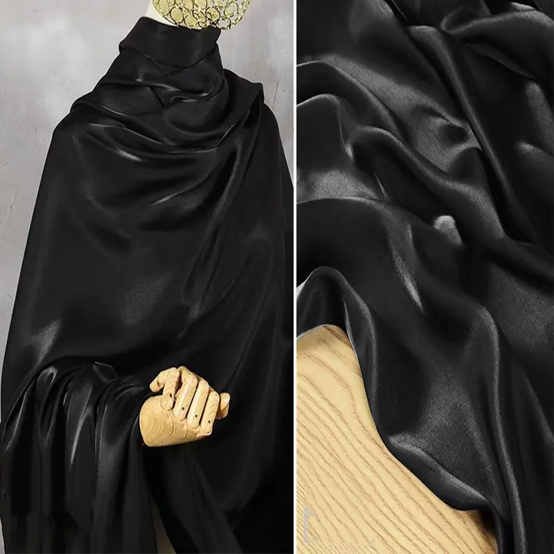 Black shiny satin fabric, metallic luster silky smooth cloth for evening gowns, wedding dresses, DIY sewing party decorations