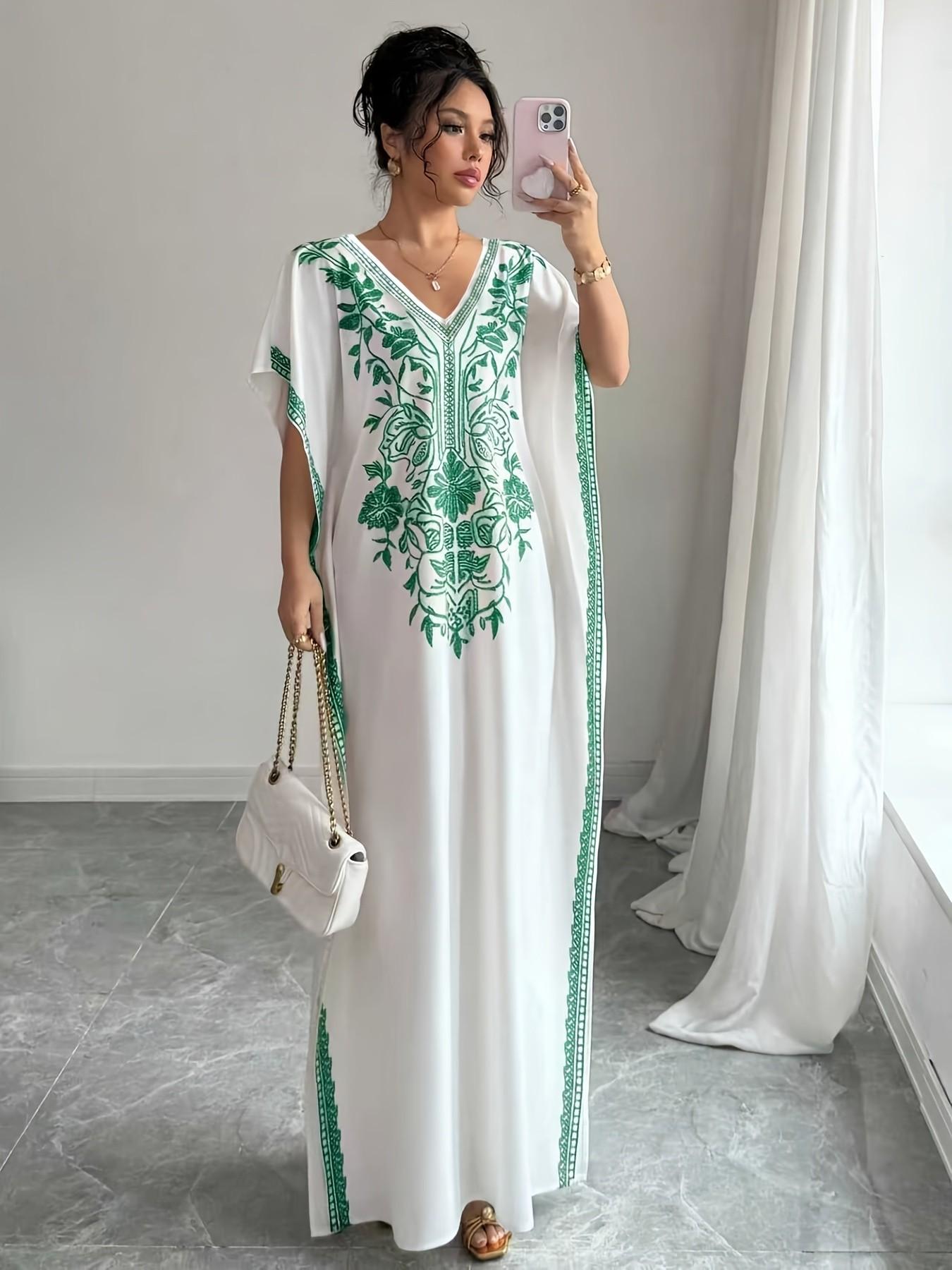 Women's Summer V-Neck Plant Floral Print Dress, Boho Style Three Quarter Sleeves, Long Loose-Fit Beach Sundress Vacation Dress, Casual Daily Wear Womenswear Fashion, Boho Printed Dress