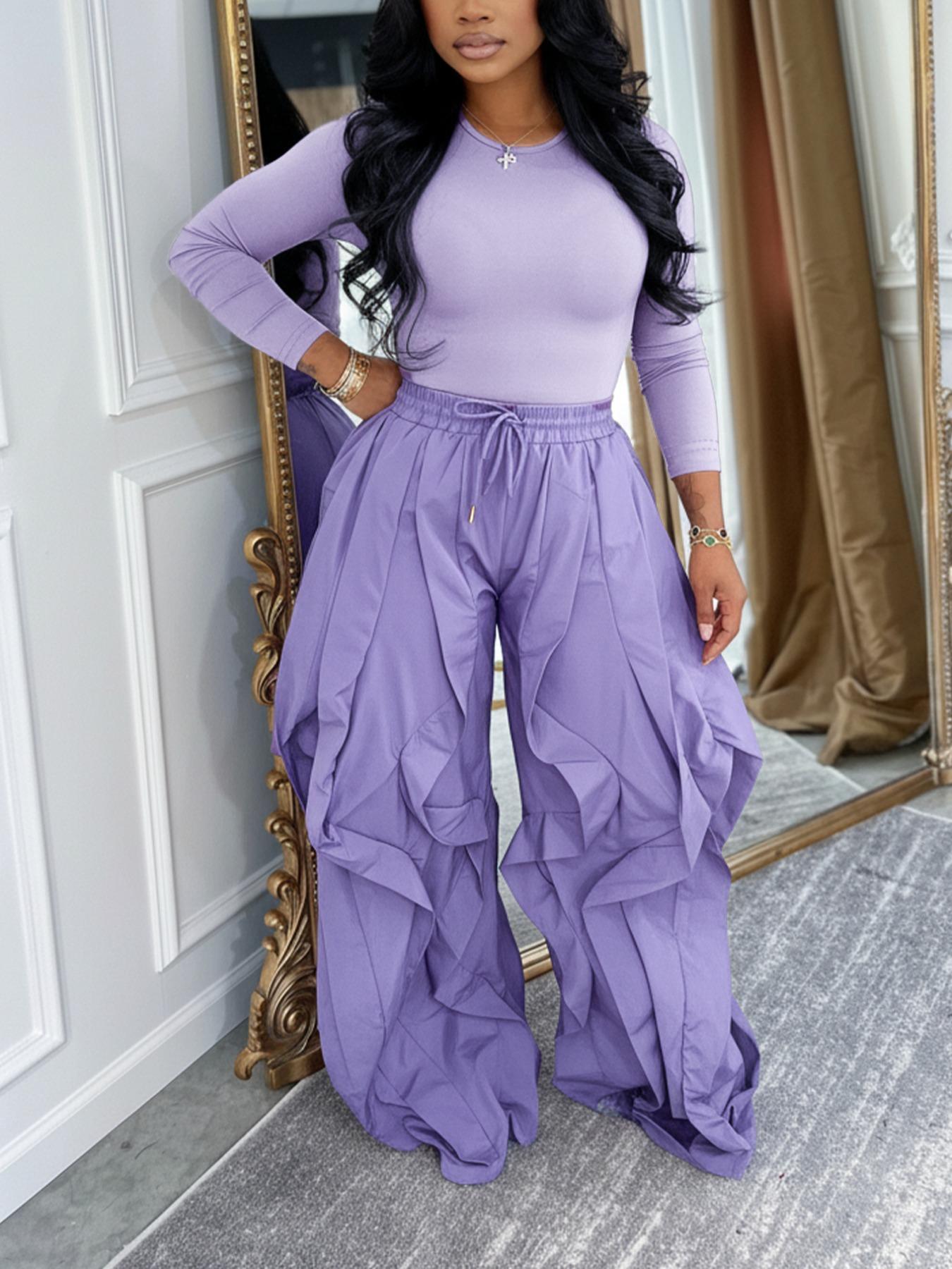 Women's Slim-Fitting Top & Wide-Leg Pants Set, Ladies' Unique Casual Chic Commuter Ensemble, Spring and Fall