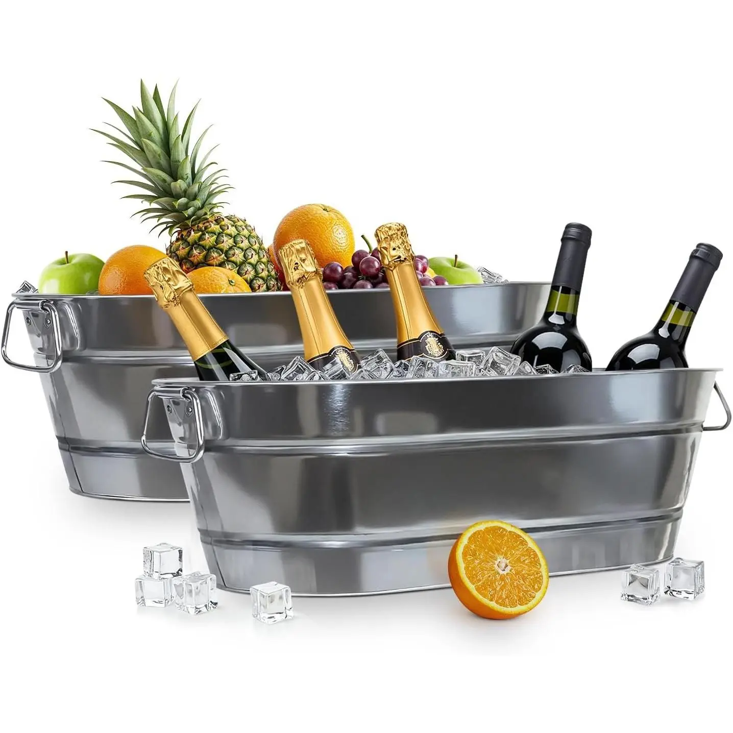 Metal Ice Bucket for Parties - Galvanized Tub with Handles - Beverage Tub - Ice Bucket for Cocktail Bar Restaurant - Drink Beer Champagne Chiller Cooler - 5.3 Gallon (20L), Set of 2