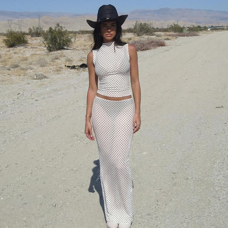 Women Summer Sleeveless Tank Top Long Skirt Polka Dot Mesh Two Piece Set Outfit