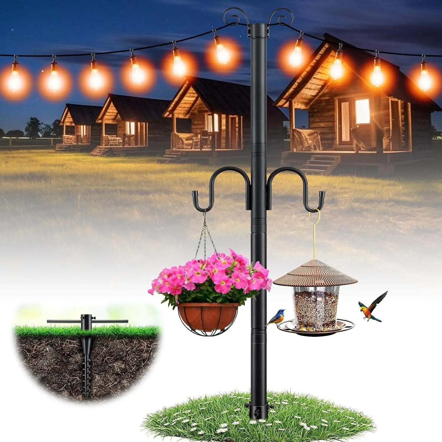 10FT 1.5 Inch Heavy Duty String Light Poles, 2 in 1 Outdoor Light Pole with Shepherd Hook & Anchor for Garden Backyard Patio Bistro Cafe