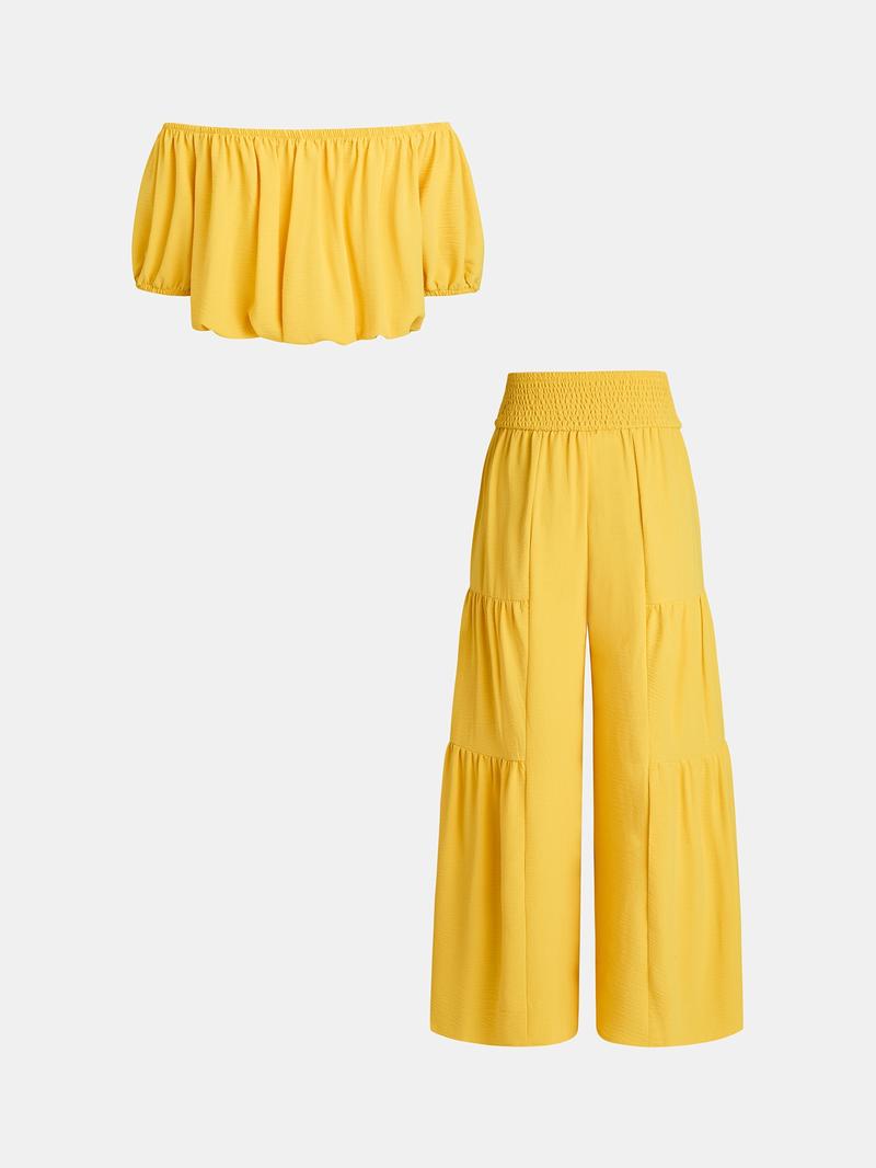 Women's Solid Color Top & Wide Leg Pants Set, Casual Off Shoulder Top & Palazzo Pants for Summer, Ladies Clothes for Beach Holiday Vacation, Womenswear