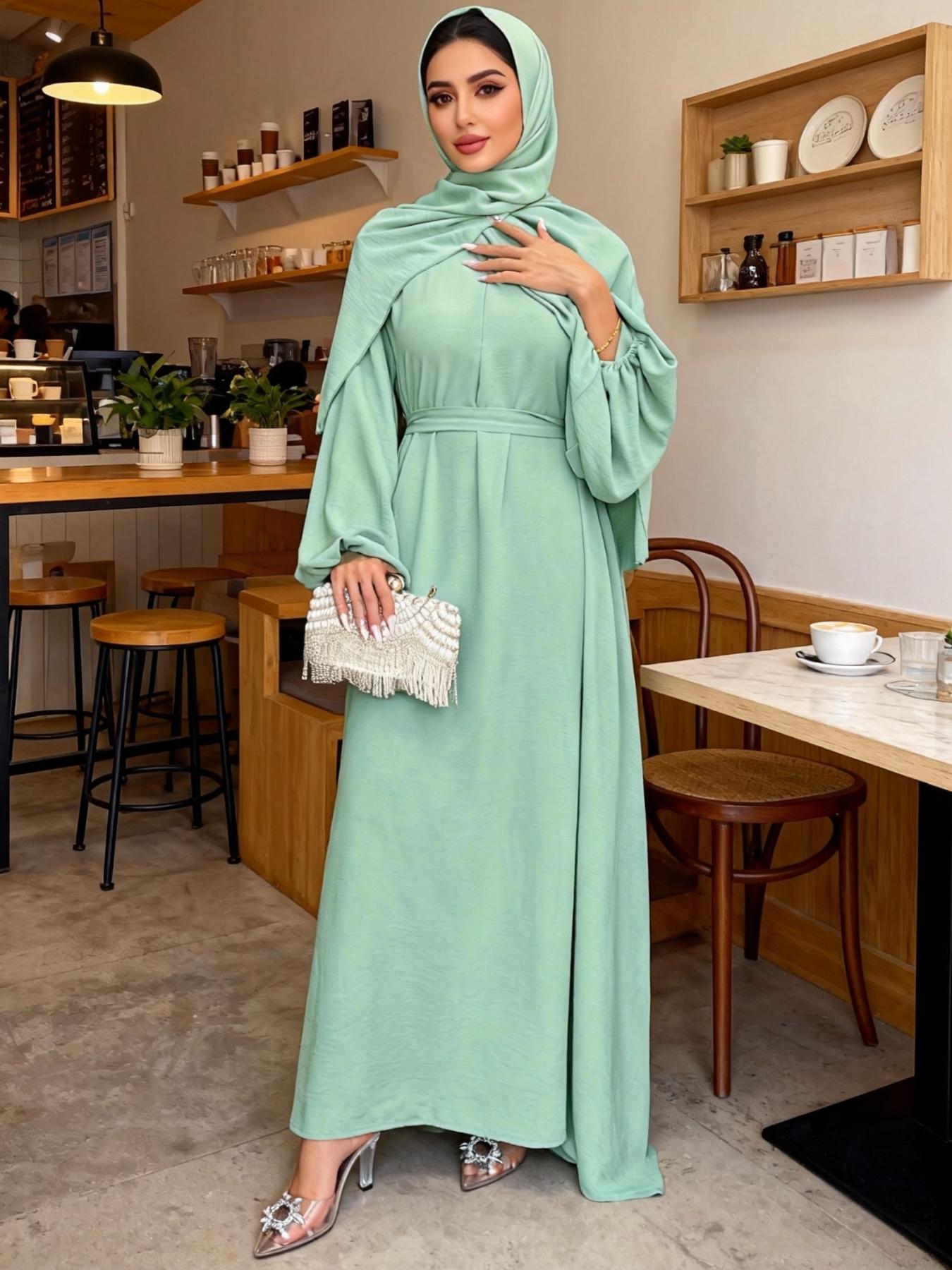 Elegant Fashion Casual High Stretch Set with Headscarf, Traditional Two-Piece for Praying Gatherings Daily Wear, Loose Abayas, Modest Muslim Outfits