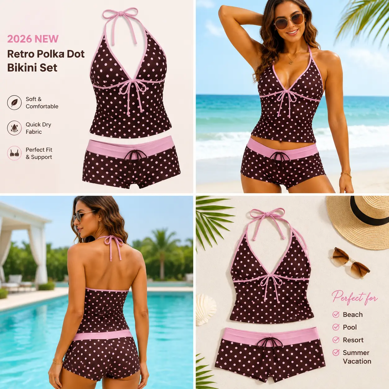 2026 New Women's Colorblock Tankini Outfit Swimsuit - Retro Polka Dot 2-Piece Set with Triangle Top, Low-Rise Bottom, Yellow Vintage Design for Beach, Pool Use Tankini Outfit Swimsuit Swimwear Beach Outfits