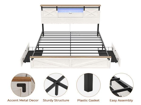 Sikaic LED Farmhouse Wooden Platform Bed Frame With Charging Station 2 Drawers & Storage Headboard Sliding Barn Door White Furniture Modern Bedroom Set Bedframes