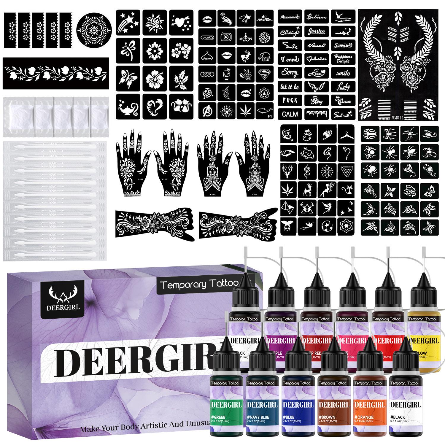 Festival party DIY henna temporary tattoo set gift box with 20 multi-color ink bottles & reusable stencils. Diverse patterns with mild skin-safe formula, essential painting kit for bridal looks, school events and carnival parties Temporary Tattoo Kits.