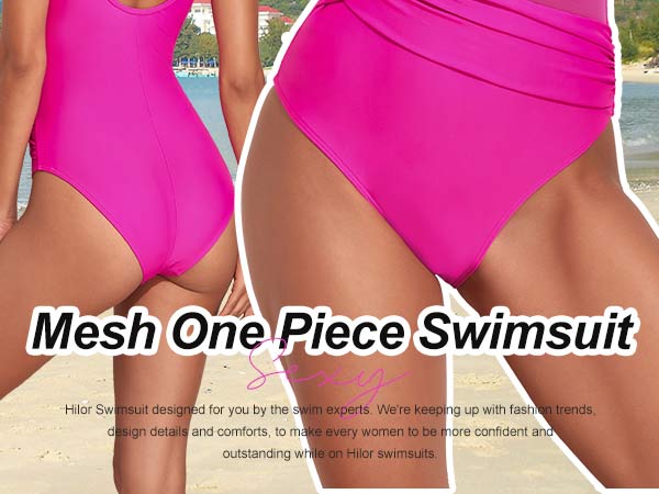 Hilor Women's Tummy Control One Piece Swimsuit Slimming Surplice Mesh Bathing Suit Push Up V Neck Swimwear