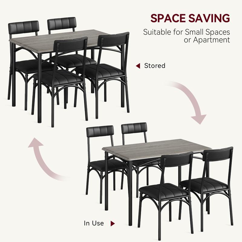 Dining Table Set for 4, Kitchen Table and Chairs, Metal and Wood Rectangular Dining Room Table Set with 4 Upholstered Chairs, 5 Piece Dining Set for Small Space, Apartment, Rustic Brown,Black,Grey Furniture Modern Home