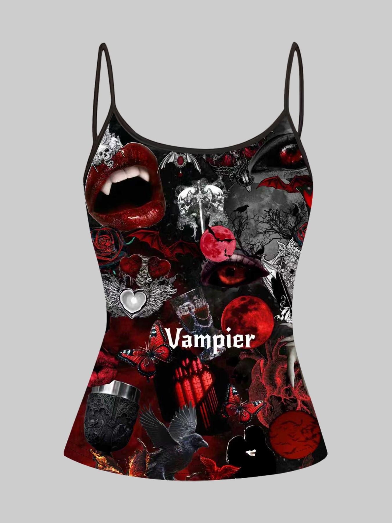 Gothic Dark Vampire Skull Print Straps, Summer Home Sleepwear Outer Wear, Unique Slim-Fit Top Set of Four Pieces