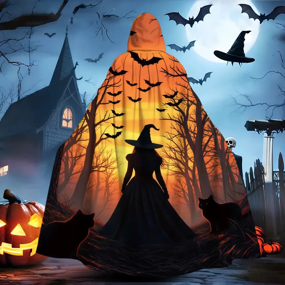 Witch silhouette bat and black cat print hooded long cape, gothic style Halloween party costume, Halloween prop, long and loose fit, one size fits all.