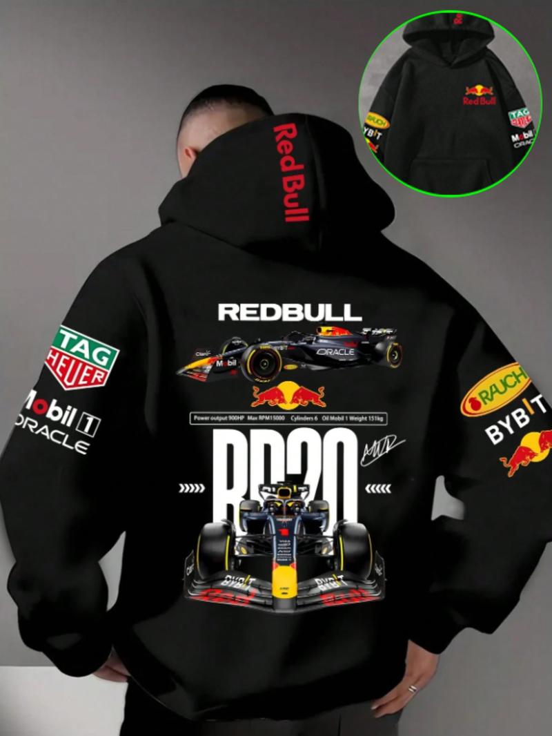 Men's Hooded Sweatshirt F1 Racing Team Collaboration Print Design, Cotton Fleece Material, Loose Fit Mid-Length, and ' Bull Rb20' Racing Theme Men's Hooded Sweatshirt F1 Racing Team Collaboration Print Design, Cotton Fleece Material, Loose Fit Mid-Length, and ' Bull Rb20' Racing Theme