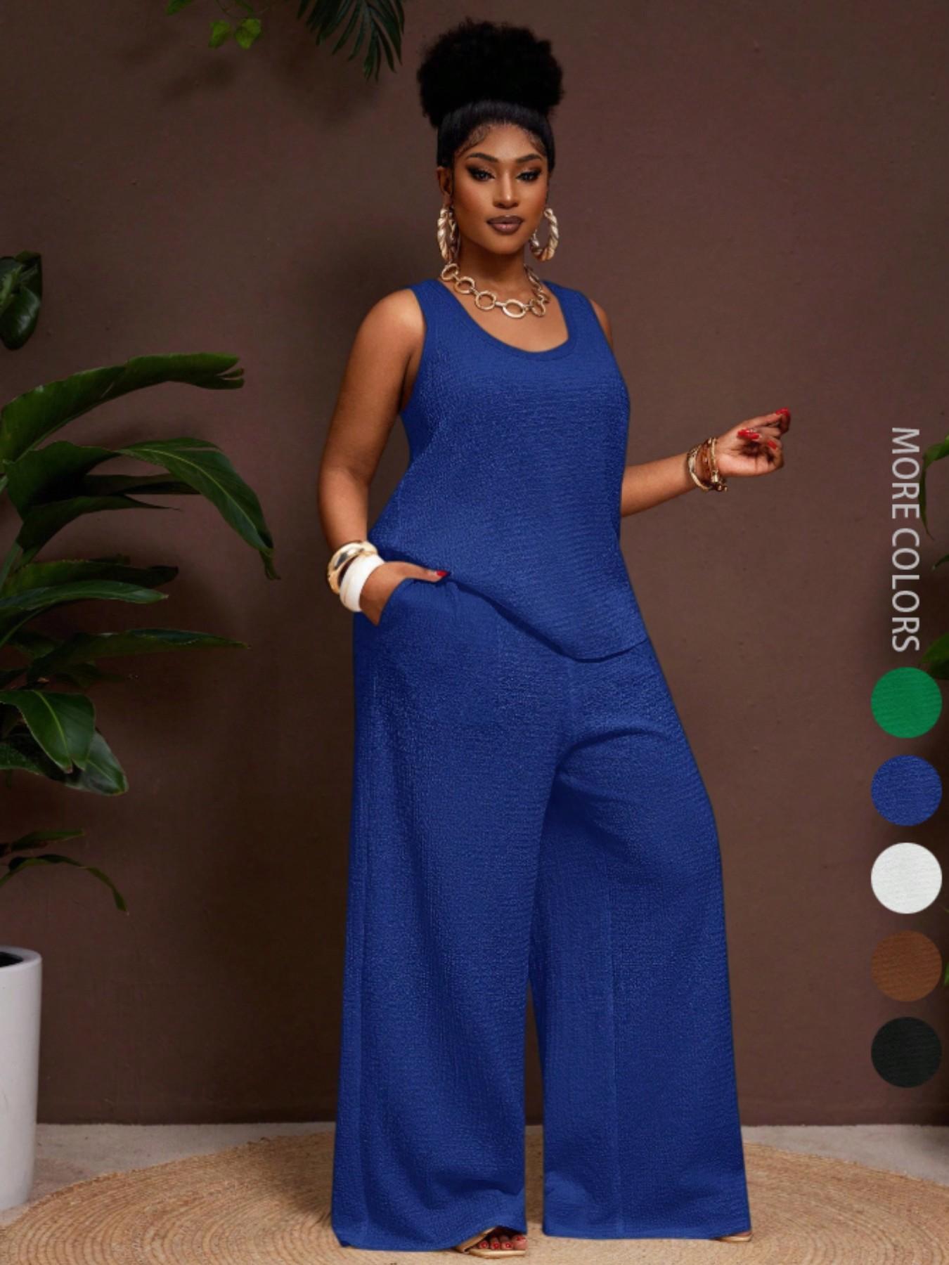 Women's Plus Size Womenswear Fashion Business Casual Vacation 2-Piece Set, Comfortable U-Neck Sleeveless Top with Pockets, Loose Fit Wide Leg Pants Clothes