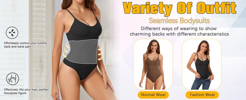 Shapewear Bodysuit with Built in Bra for Women Tummy Control Spaghetti Strap Padded Body Suits Tops  Clothing Womenswear Bottom Button Casual Chunky