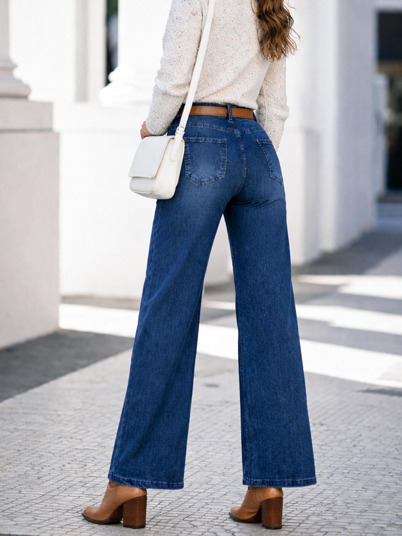 LEIJIJEANS Women's High-Waist Wide-Leg Jeans, Blue Washed Elastic Denim Pants for Spring-Fall Casual Commuter Daily Wear