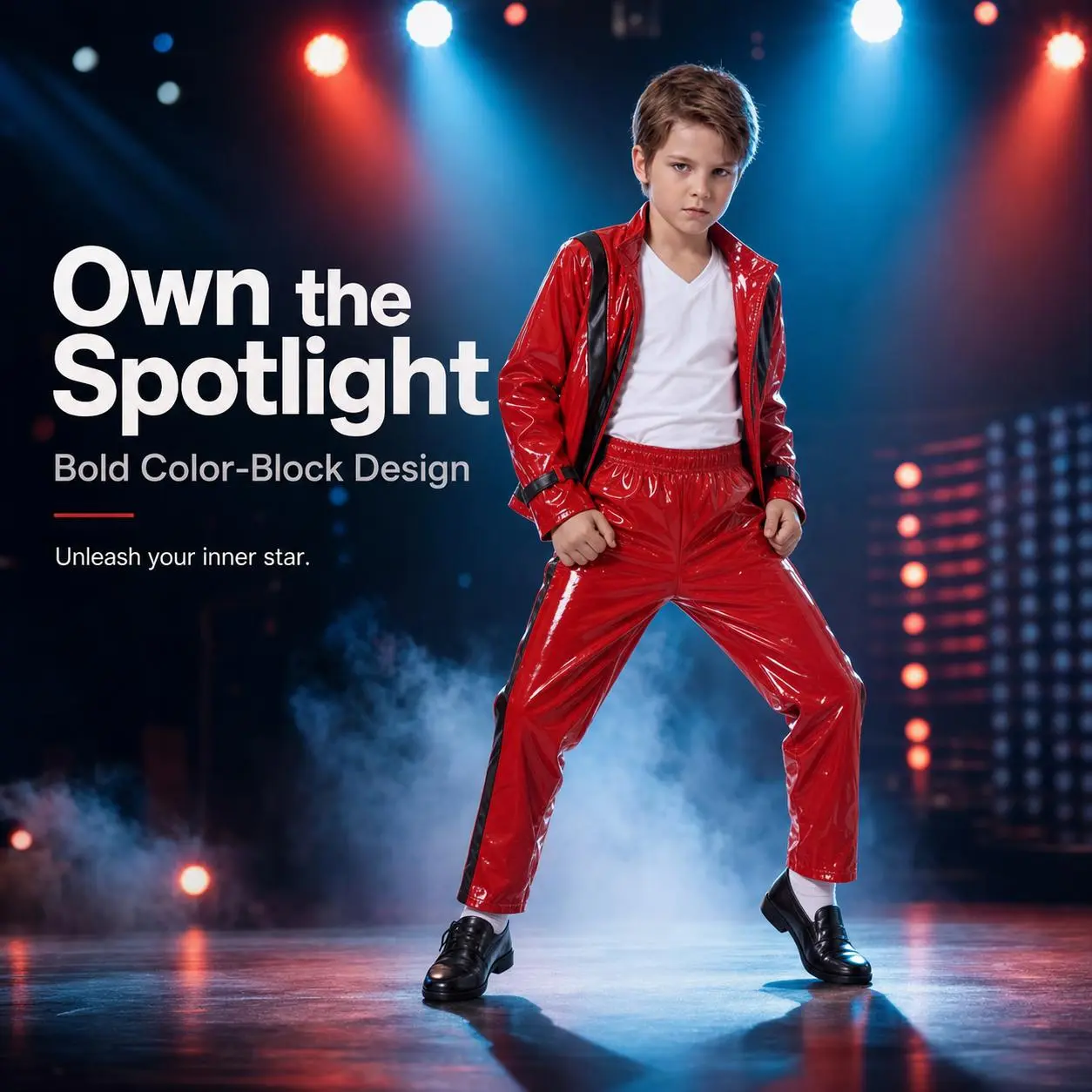 Boys Retro Pop Singer Cosplay 3 Piece Red Shiny Faux Leather Outfit Kids Stage Costume For Halloween Kpop Dance Performance Party