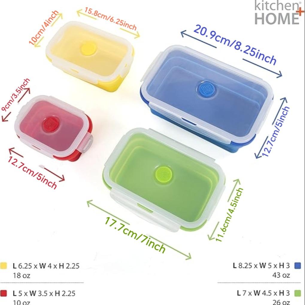 Set of 4 Collapsible Foldable Silicone Food Storage Container, Leftover Meal Box With Airtight Plastic Lids For Kitchen, Bento Lunch Boxes-Microwave, Dishwasher and Freezer Safe
