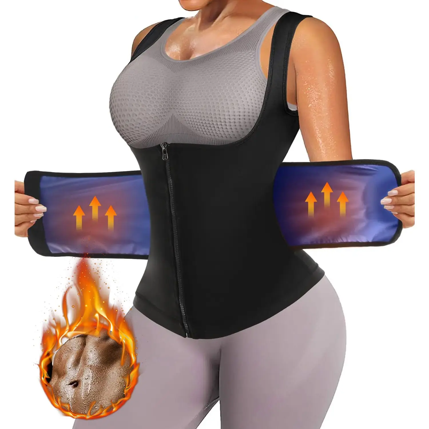 Women's Sauna Shirt, Sauna Waist Trainer Vest, Tummy Control Sauna Sweat Shirt, Double layer Compression Vest, Sauna Suit Workout, Adjust Belt, Zipper Shapewear