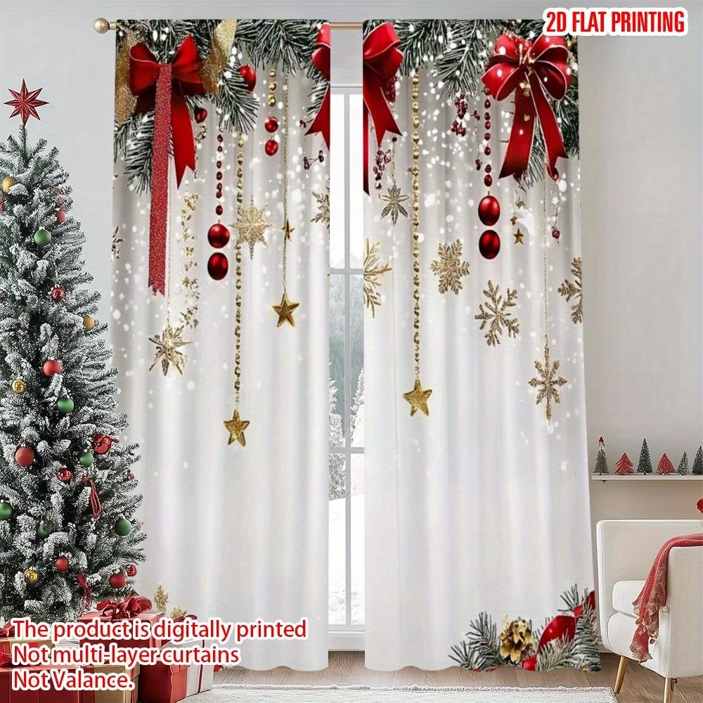 Christmas Theme 2pcs HD Digital Print Bow Bell Curtains, Polyester Material, Semi-Transparent Privacy Protection, Hand Washable, Window Curtain
