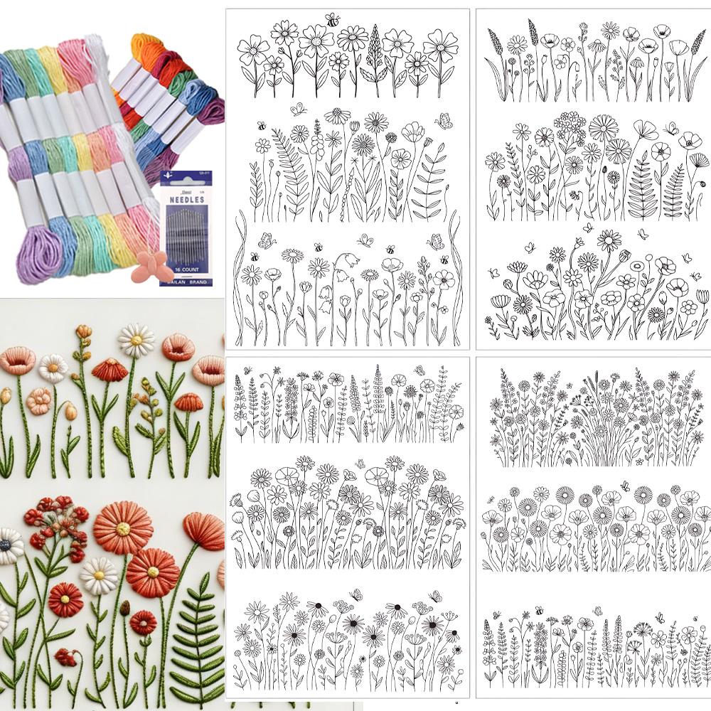 4 Sheets Preprinted Flower Embroidery Pattern Paper,Self-Adhesive Water Soluble Stabilizer Kit with Floral, Botanical & Alphabet Designs, Complete with Embroidery Floss & Needles for DIY Handmade Craft Supplies