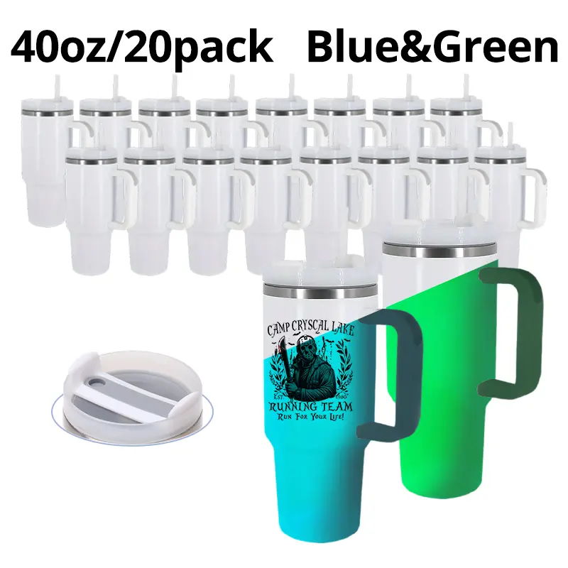 20Pack 40oz Glow in the Dark Car Mugs, Sublimation Ready Stainless Steel Tumblers with Handle & Straw, Green & Blue Luminous Double Wall Insulated Cups, Bulk Halloween Drinkware