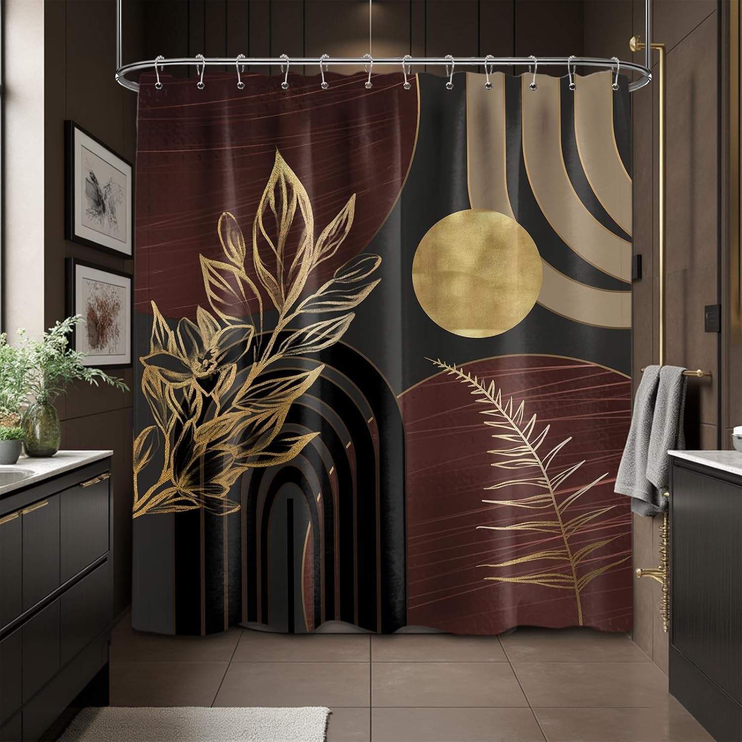 Boho Mid-Century Shower Curtain 70x72 Inch, Dark Brown Black and Gold Bathroom Curtain, Waterproof Fabric Bath Curtain with Hooks, Modern Geometric Bathroom Decor