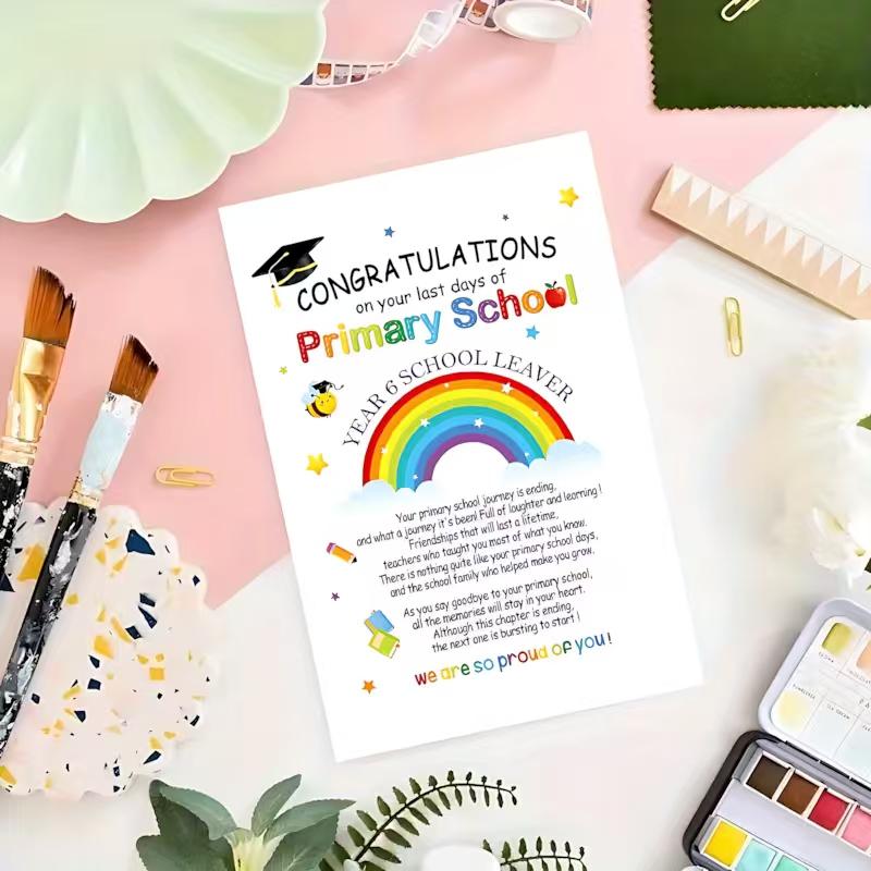 1/3/7pcs  Heartwarming Primary School Leaver Greeting Card, Congratulations on Your Last Day of Primary School, Colorful Rainbow & Graduation Design, Perfect Farewell Gift for Kids, Students, Grandchildren, Proud of Your Achievements, Blank Inside